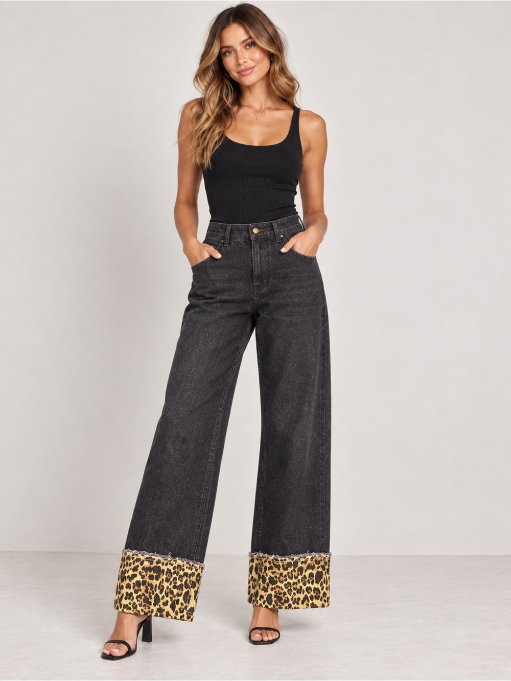 Klesis Dark Wash Wide Leg Jeans Leopard Cuff Hem Size M NWT